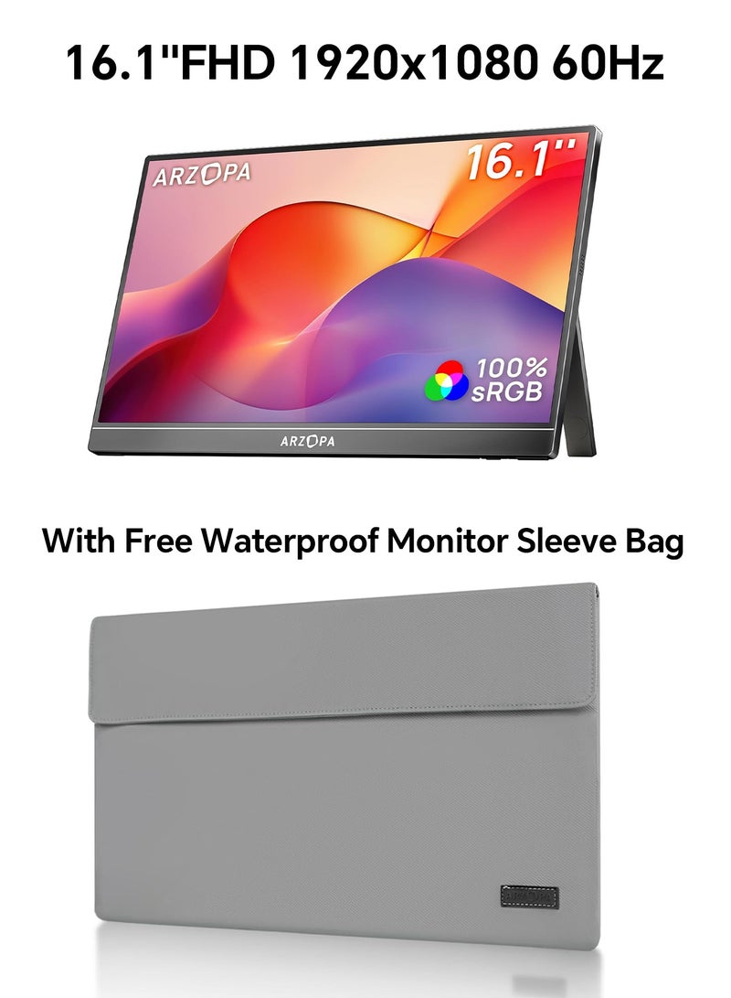 ARZOPA 16.1" Portable Monitor, 100% sRGB FHD 1080P Kickstand Portable Laptop Monitor High Color Gamut Display IPS Eye Care Screen for High-end Office & Entertainment - Image 1